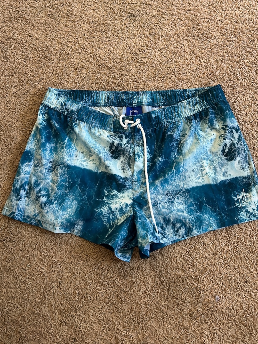 Guy Harvey Women's Ocean Wave Print Swim Shorts in Teal and White